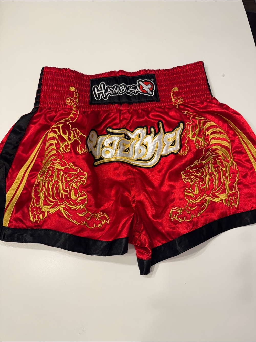 Hayabusa Muay Thai Shorts Sz 32 Red Gold Black Tiger Embroidered Kickboxing MMA